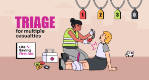 Image of someone being injured in a multiple casualty event being tended by a first aider giving red tag triage with the title "Triage for multiple casualties" followed by Life Saving First Aid logo