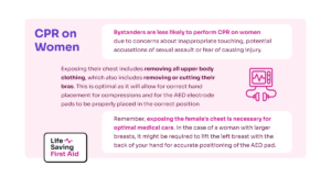 image contains snippet of information titled "CPR on Women" Explanation as follows "Bystanders are less likely to perform CPR on women due to concerns about inappropriate touching, potential accusations of sexual assault or fear of causing injury." "Exposing their chest includes removing all upper body clothing, which also includes removing or cutting their bras. This is optimal as it will allow for correct hand placement for compressions and for the AED electrode pads to be properly placed in the correct position." "Remember, exposing the female's chest is necessary for optimal medical care. In the case of a woman with larger breasts, it might be required to lift the left breast with the back of your hand for accurate positioning of the AED pad." image also contains a stylised icon of an AED followed by Life Saving First Aid logo