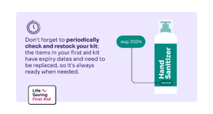 image of a text saying "Don't forget to periodically check and restock your kit; the items in your first aid kit have expiry dates and need to be replaced, so it's always ready when needed." with an image of a hand sanitizer expiring in 2024