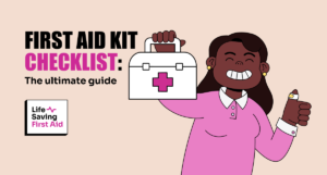 "First Aid Kit Checklist: The ultimate guide" cover illustration of a woman holding up a First Aid Kit in one hand, smiling and and giving a thumbs up with a bandaged finger.