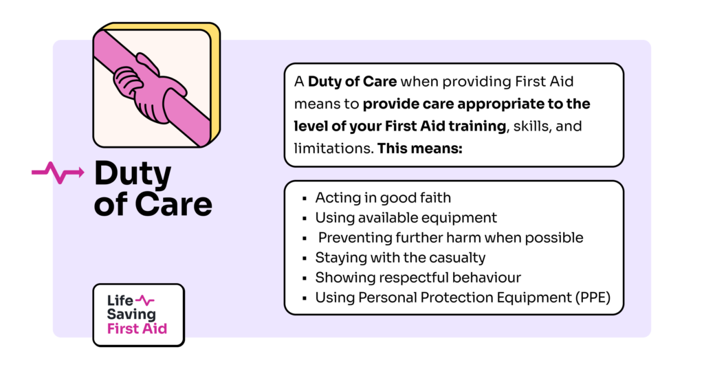 Duty of Care: A Duty of Care when providing First Aid means to provide care appropriate to the level of your First Aid training, skills, and limitations. This means:
Acting in good faith
Using available equipment
 Preventing further harm when possible
Staying with the casualty
Showing respectful behaviour
Using Personal Protection Equipment (PPE)