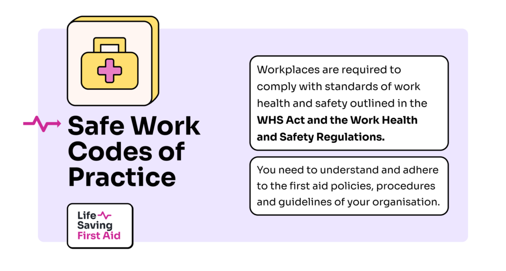 Workplace Codes of Practice: Workplaces are required to comply with standards of work health and safety outlined in the WHS Act and the Work Health and Safety Regulations. You need to understand and adhere to the first aid policies, procedures and guidelines of your organisation.